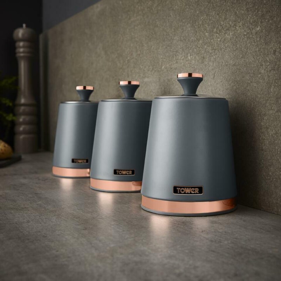 image 1 of Tower Grey & Rose Gold Pyramid Kettle Toaster Bread Bin & Canisters Set