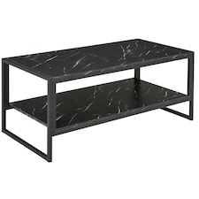HOMCOM Two-Tier Coffee Table Marble Effect Shelf Metal Frame Black Black