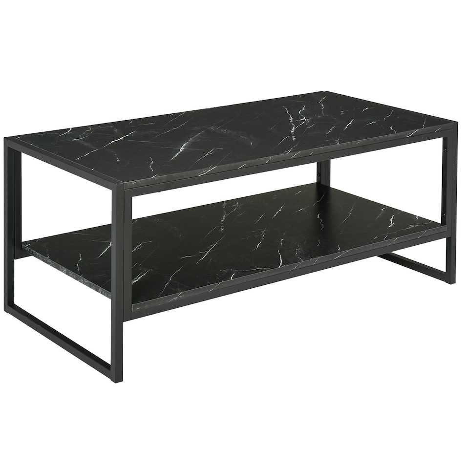 image 1 of HOMCOM Two-Tier Coffee Table Marble Effect Shelf Metal Frame Black Black