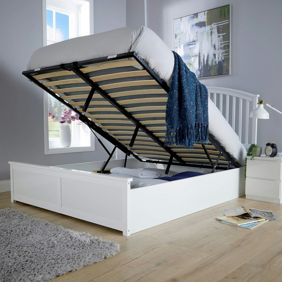 image 1 of White King Ottoman Bed Frame with Storage Space Upholstered Fabric Modern Style