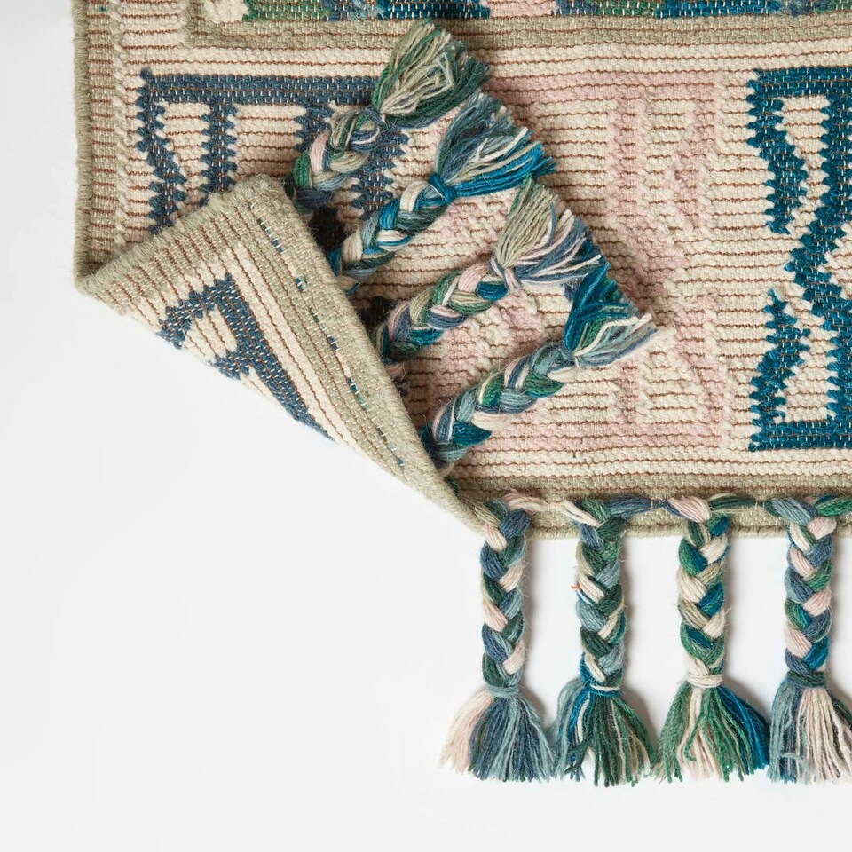 image 1 of Homescapes Matala Green and Blue Kilim Runner Wool Rug - 66 x 200 cm
