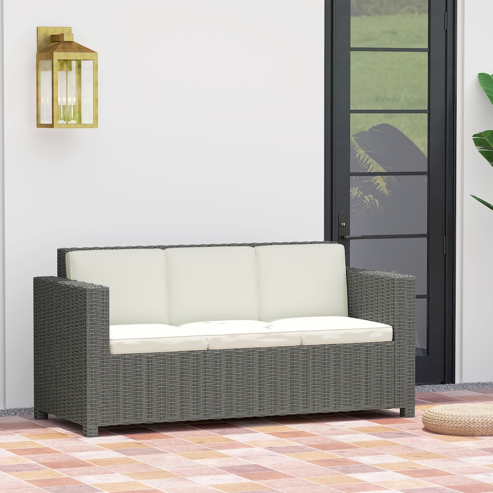 image 1 of Outsunny 3 Seater Rattan Sofa with 10 cm Thick Padded Cushion, All-Weather PE Wicker Weave Garden Three-seater Bench with Armrests, Cream White