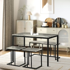 HOMCOM Dining Table and Chairs Set for 4 People, Concrete Effect Kitchen Table and Bench Set with Steel Frame, 4 Piece Dining Room Sets, Grey