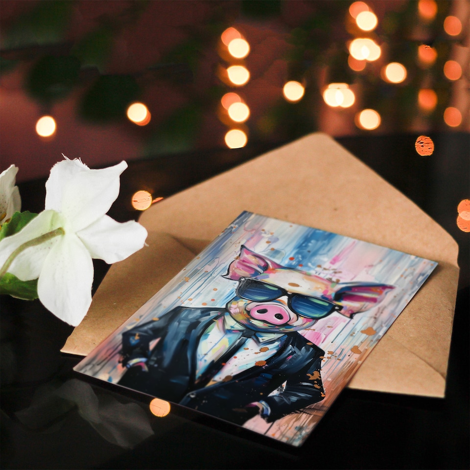 image 1 of Cool Pig in a Suit With Sunglasses Fun Painting Congratulations Card