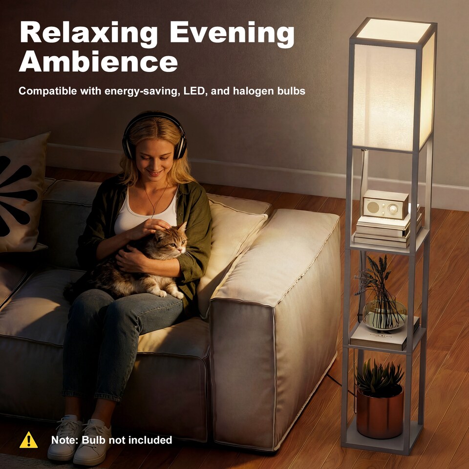 image 1 of HOMCOM Floor Lamp Reading Lamp with 3-Tier Storage Shelf for Home Office Grey