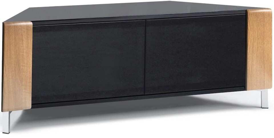 image 1 of MDA Designs CORVUS Corner-Friendly Gloss Black Contemporary Cabinet with Oak Profiles Black BeamThru Glass Doors Suitable for Flat Screen TVs up to 50" | Multi | 1