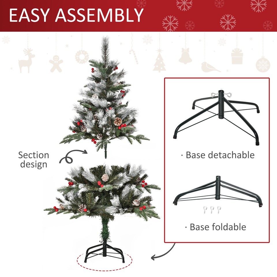image 1 of HOMCOM 4FT Artificial Snow Dipped Christmas Tree mas Pencil Tree Holiday Home Party Decoration with Foldable Feet Red Berries White Pinecones, Green