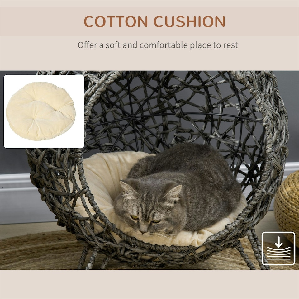 image 1 of PawHut Rattan Elevated Cat House Kitten Bed Pet Furniture w/ Cushion Grey