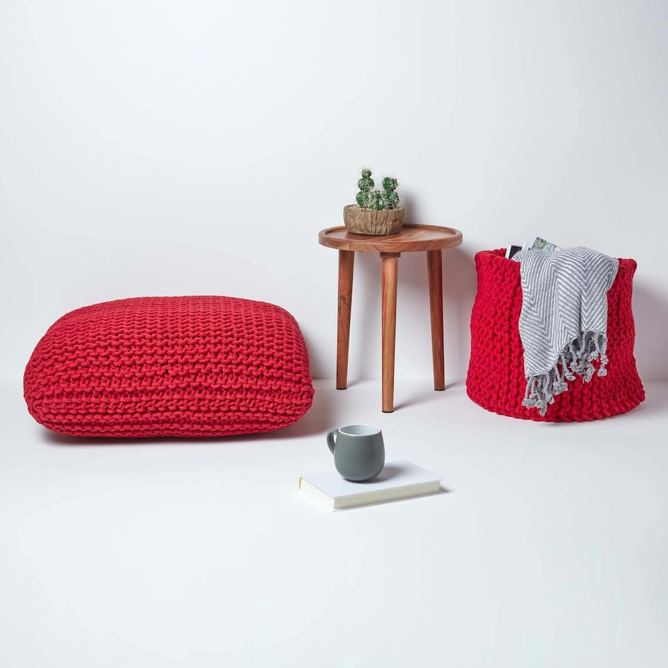 image 1 of Homescapes Red Square Cotton Knitted Pouffe Floor Cushion | Red | 70 x 20 cm