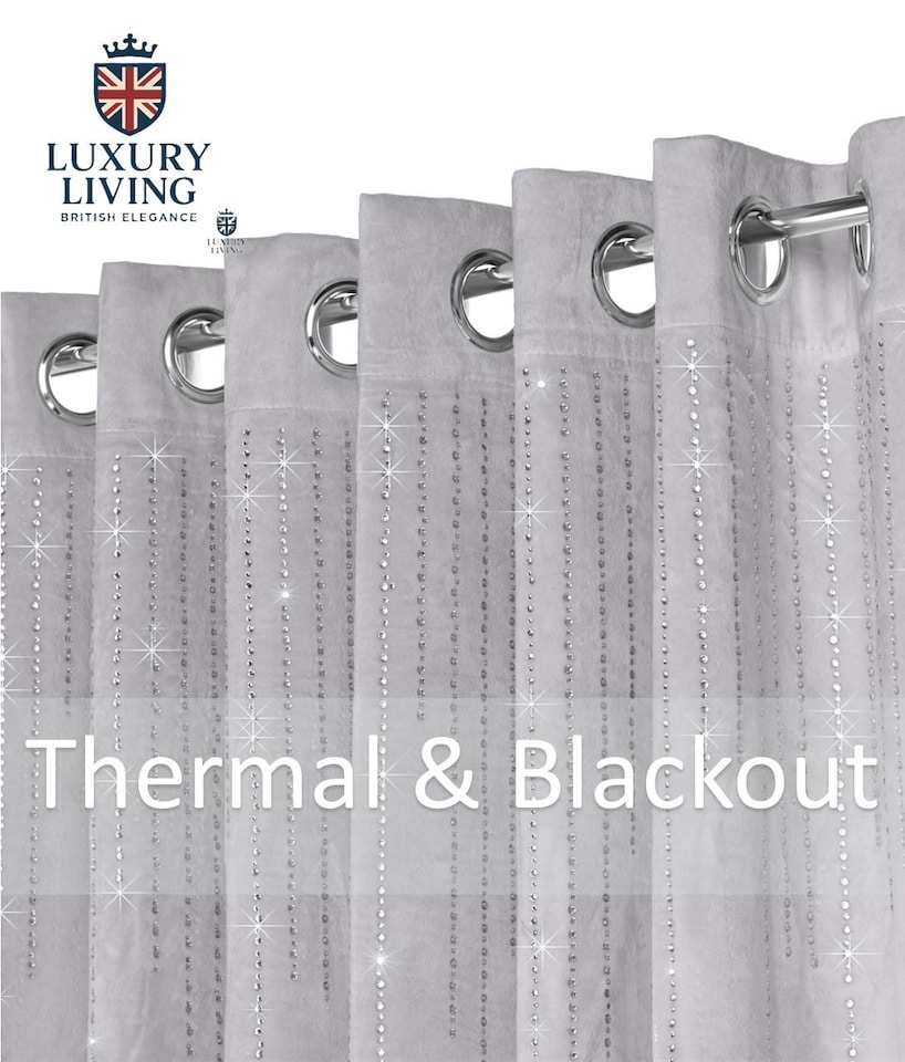 image 1 of Triple Woven Blackout Velvet Ring Top Curtains with Cascading Diamante Studs 168cm x 183cm Silver | Silver | Silver | 1