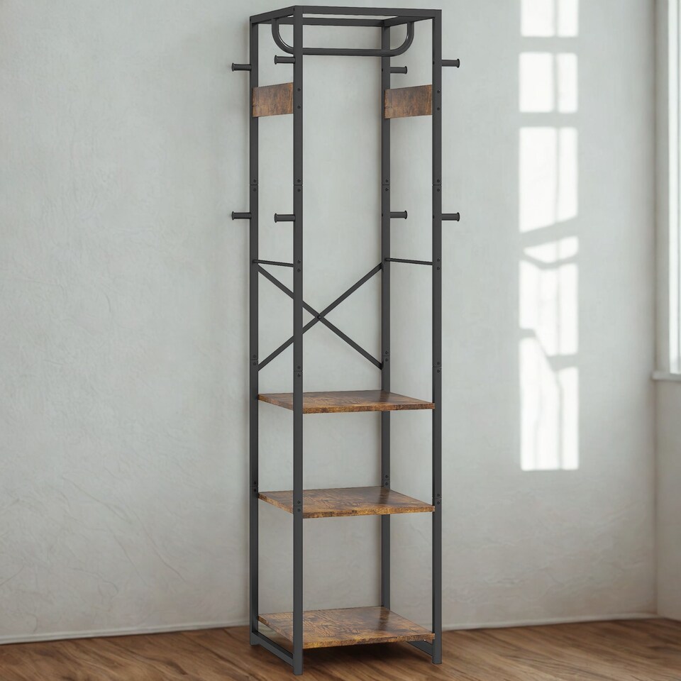 image 1 of Industrial Entryway Hall Tree Coat Rack Stand With Shoe Storage and Hooks