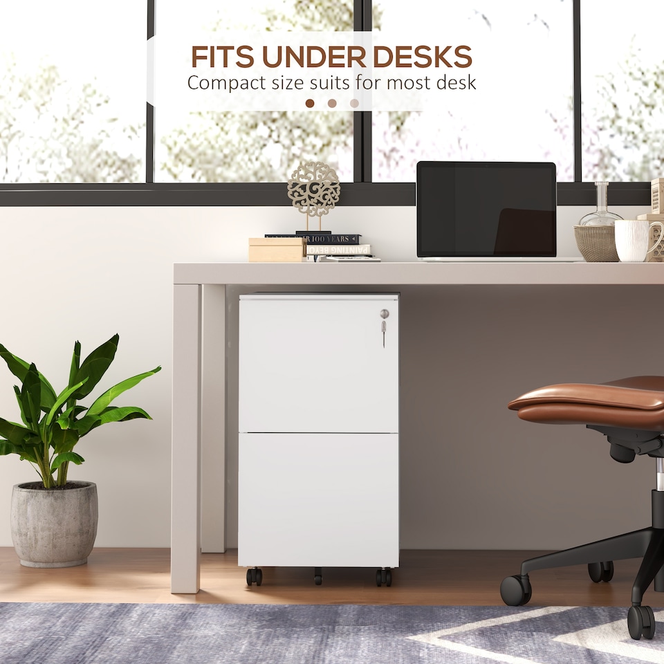 image 1 of Vinsetto 2-Drawer Vertical Filing Cabinet with Lock and 5 Wheels, Steel Mobile File Cabinet, for A4, Legal and Letter Size, Pre-Assembled Body, White