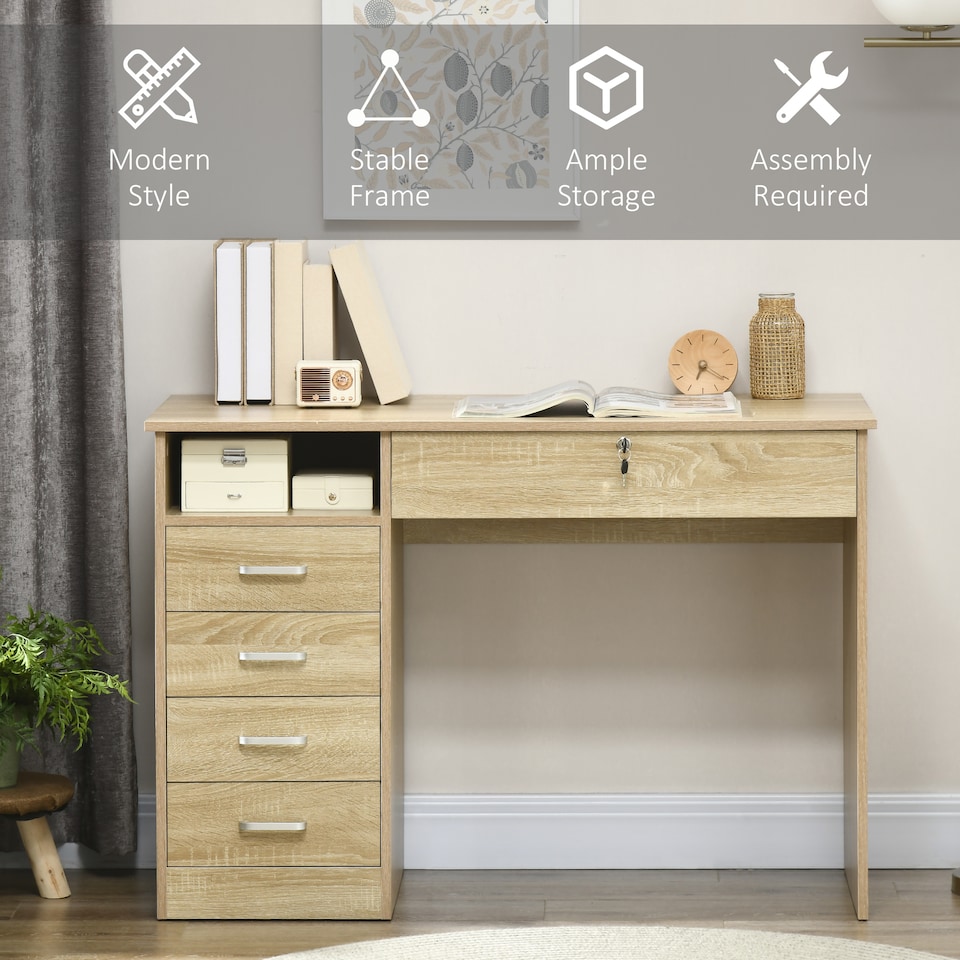 image 1 of HOMCOM Computer Desk, Home Office Desk with Lockable Drawer, Storage Shelf for Study Bedroom, 110 x 50 x 76 cm, Oak