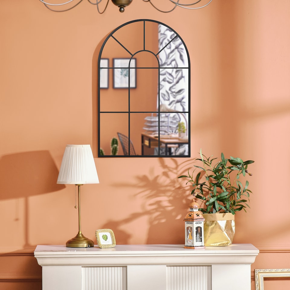 image 1 of HOMCOM Modern Arched Window Wall Mirror for Living Room Bedroom, 91x60cm, Black