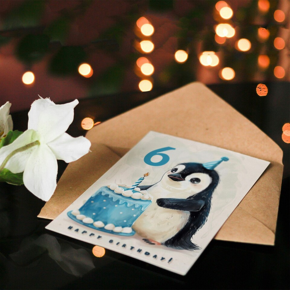 image 1 of 6th Cute Baby Penguin Cake Cartoon Kids Age 6 Year Old Child Birthday Card