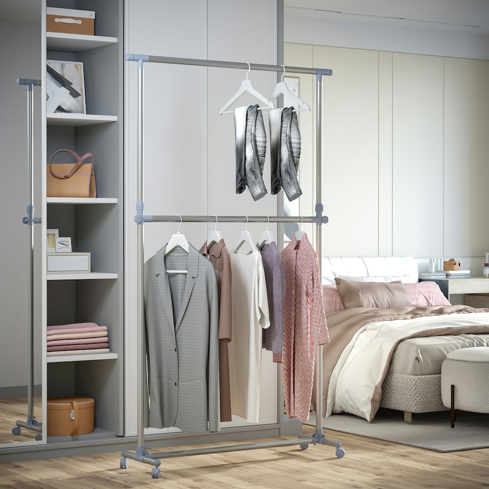 image 1 of HOMCOM Garment Rail Adjustable Portable Clothes Hanging Stand Rack Wheels