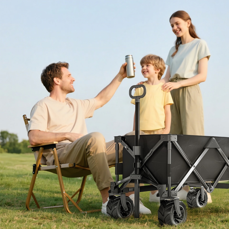 image 1 of Outsunny Outdoor Pull Along Garden Trolley on Wheels Folding Beach Cart Black