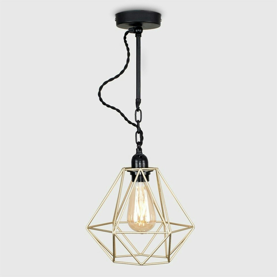image 1 of ValueLights Huber Satin Black Wall/Ceiling Light Fitting with Gold Metal Cage Shade and 4w LED Bulb In Warm White