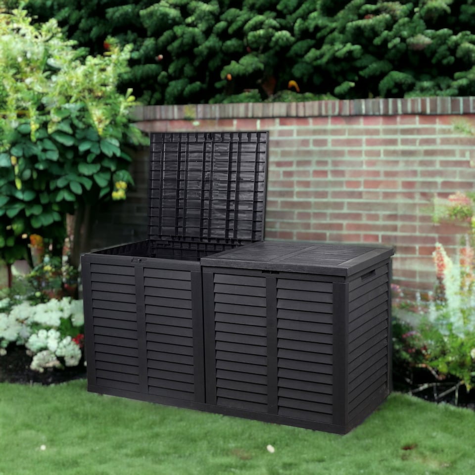 image 1 of XXL 750L Garden Storage Box, Black - 155x66x80 cm, Double Lid, Weatherproof