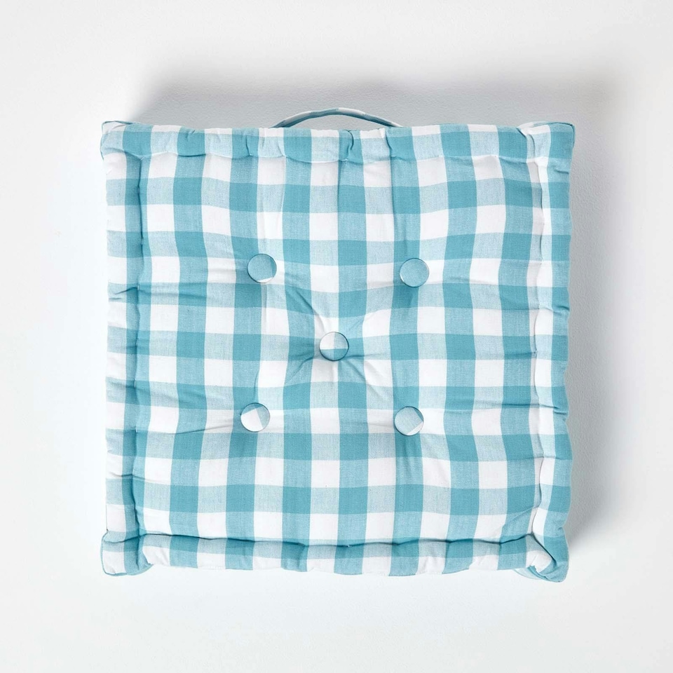 image 1 of Homescapes Blue Block Check Cotton Gingham Floor Cushion - 40 x 40 cm | Blue | 40 x 40 cm