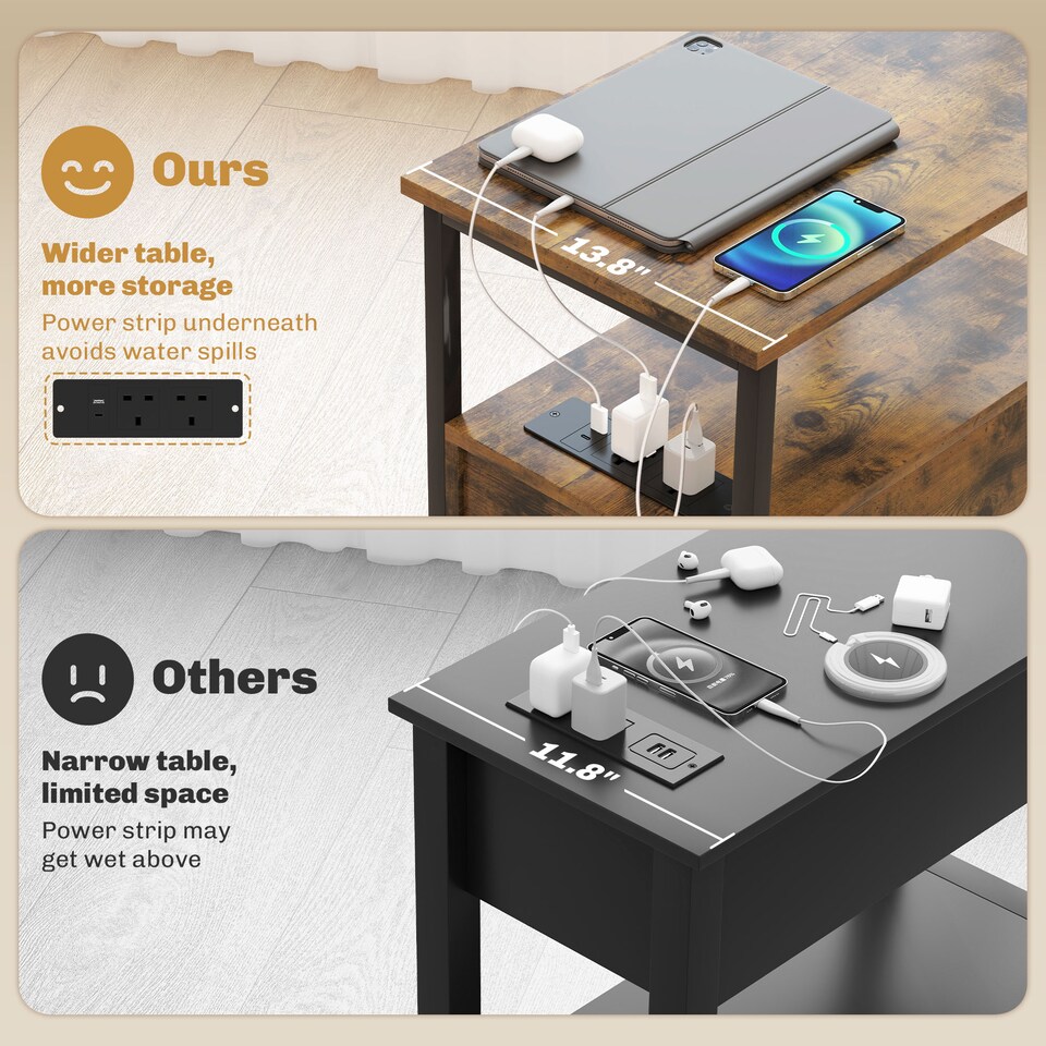 image 1 of HOMCOM Side Table with Charging Station, USB Ports and Power Outlets, Narrow Bedside Table with 2 Drawers and Shelf for Living Room, Bedroom, Rustic Brown | Brown