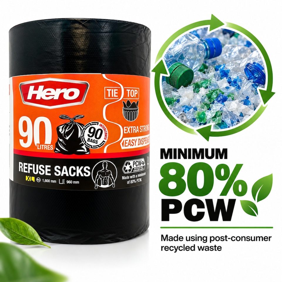 image 1 of Hero Extra Strong Black Bin Bags 90 Litre Pack of 90 Heavy Duty Refuse Sacks with Tie Top Handles  Brand