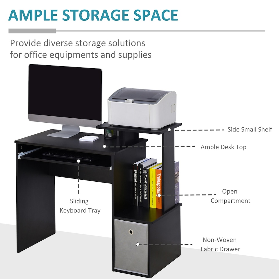 image 1 of HOMCOM Computer Desk with Sliding Keyboard Tray Storage Drawer Shelf Black
