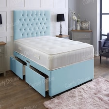 6ft Superking Sky Blue Plush Velvet Divan Bed With Headboard & Memory Sprung Mattress 4 Drawers