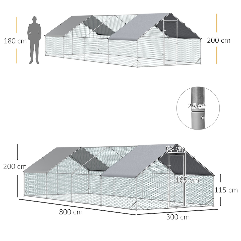 image 1 of PawHut Walk In Chicken Run Large galvanised Chicken Coop w/ Cover 3 x 8 x 2m | Silver | Silver