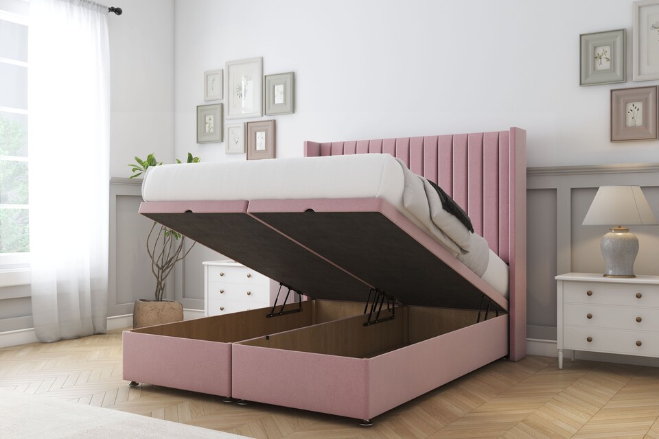 image 1 of Sloomy Marlborough Pink Plush Ottoman Bed With Mattress With 54" Wingback Headboard 5' King