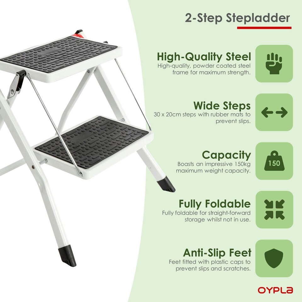 image 1 of Oypla Foldable 2 Step Ladder Stepladder Non Slip Tread Safety Steel Portable Step Stool White