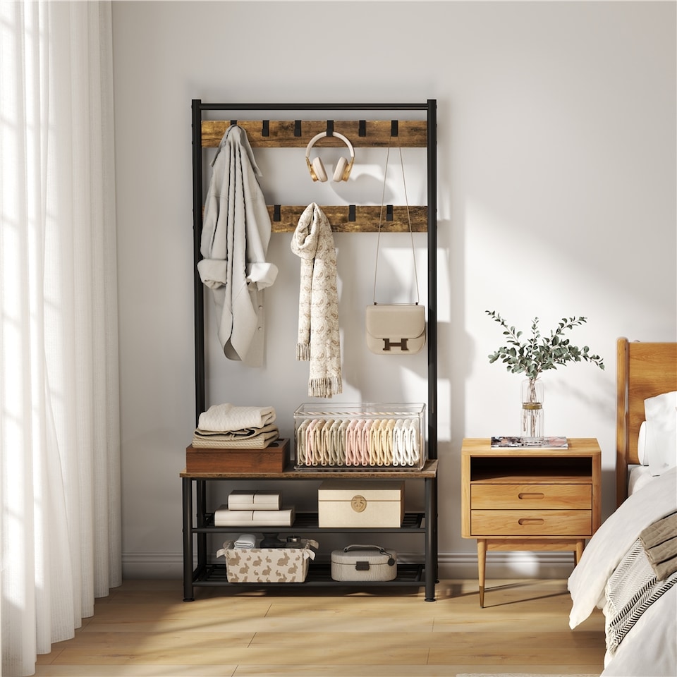 Yaheetech 184 cm 3-in-1 Rustic Industrial Coat Rack with Bench and Shoe ...