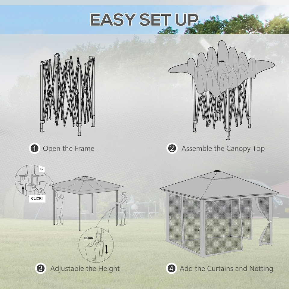 image 1 of Outsunny 3.36x3.36m Pop Up Gazebo w/ Solar-Powered LED Lights Netting Grey