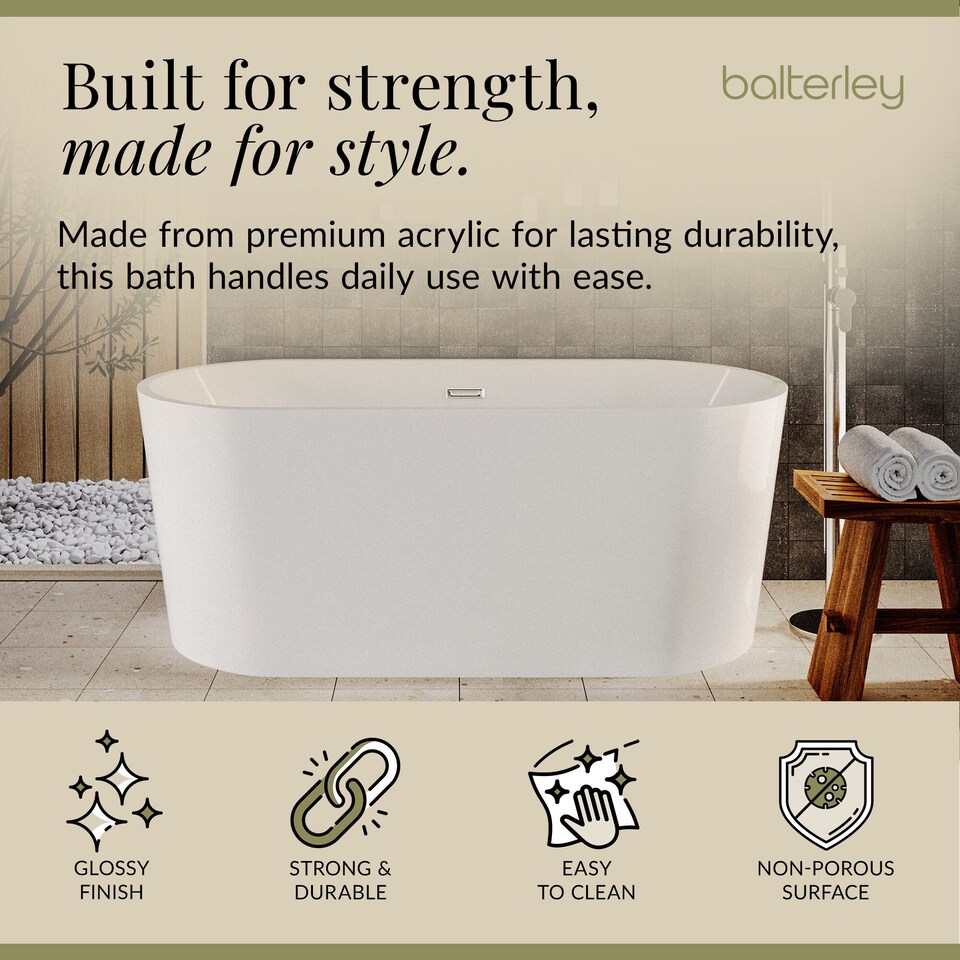 image 1 of Balterley Contemporary Oval Freestanding Bath: Modern Double-Ended Luxury Acrylic Bath | White | White | 1500 x 730 x 590mm