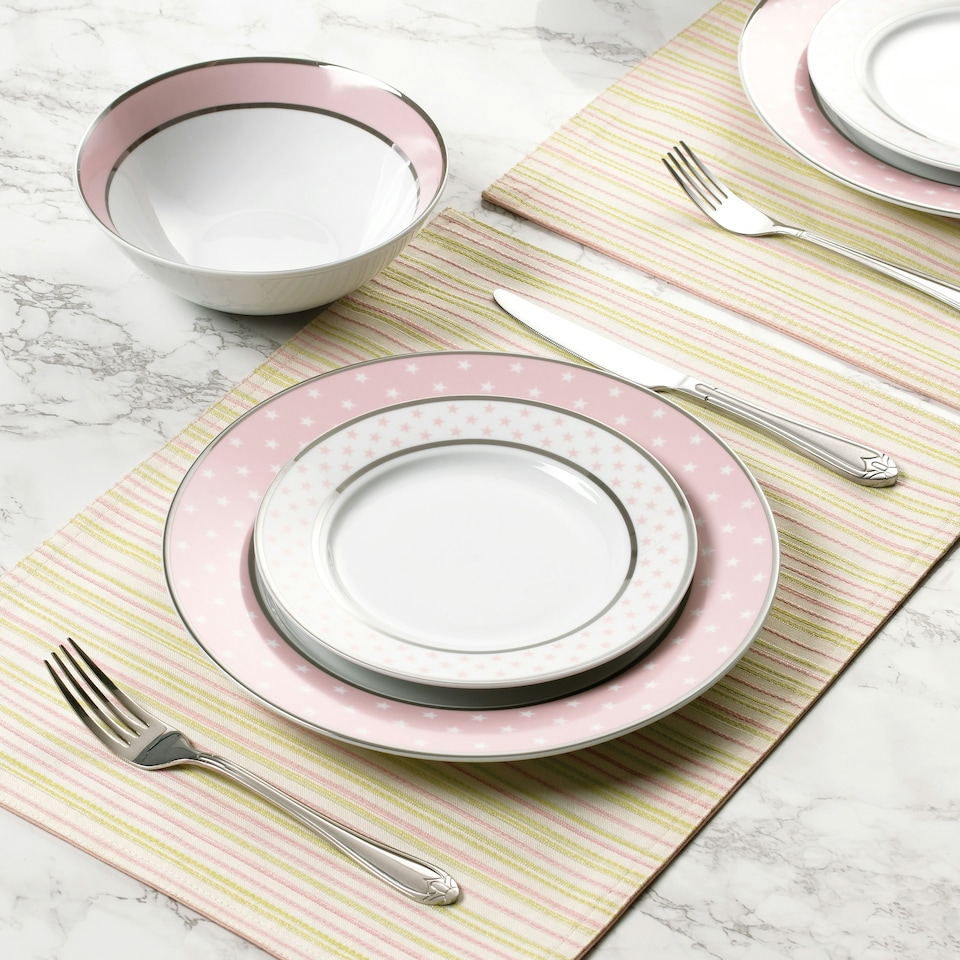 image 1 of 12pc Pink Star with Platinum Band Rim Dinner Set