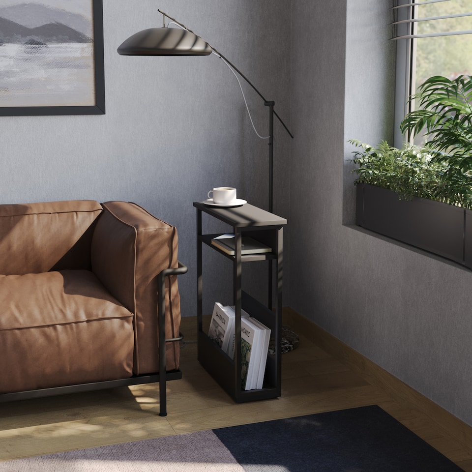 image 1 of 3 Tier Slim Coffee Side Table Newspaper Magazine Shelf Rack Bedside Sofa End | Black | Black | H-62.5cm | 1