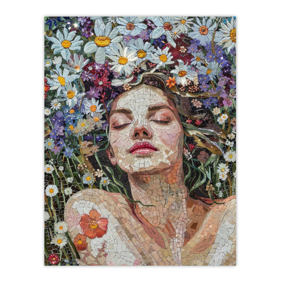 image 1 of Woman Laying Spring Flower Field Mosaic Black Framed Wall Art Print A4