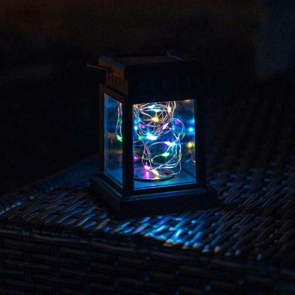 image 1 of ValueLights Solar Lantern Pair of Matte Black Lantern with Clear Rectangular Shade and Integrated LED 1W Multicolour Bulb