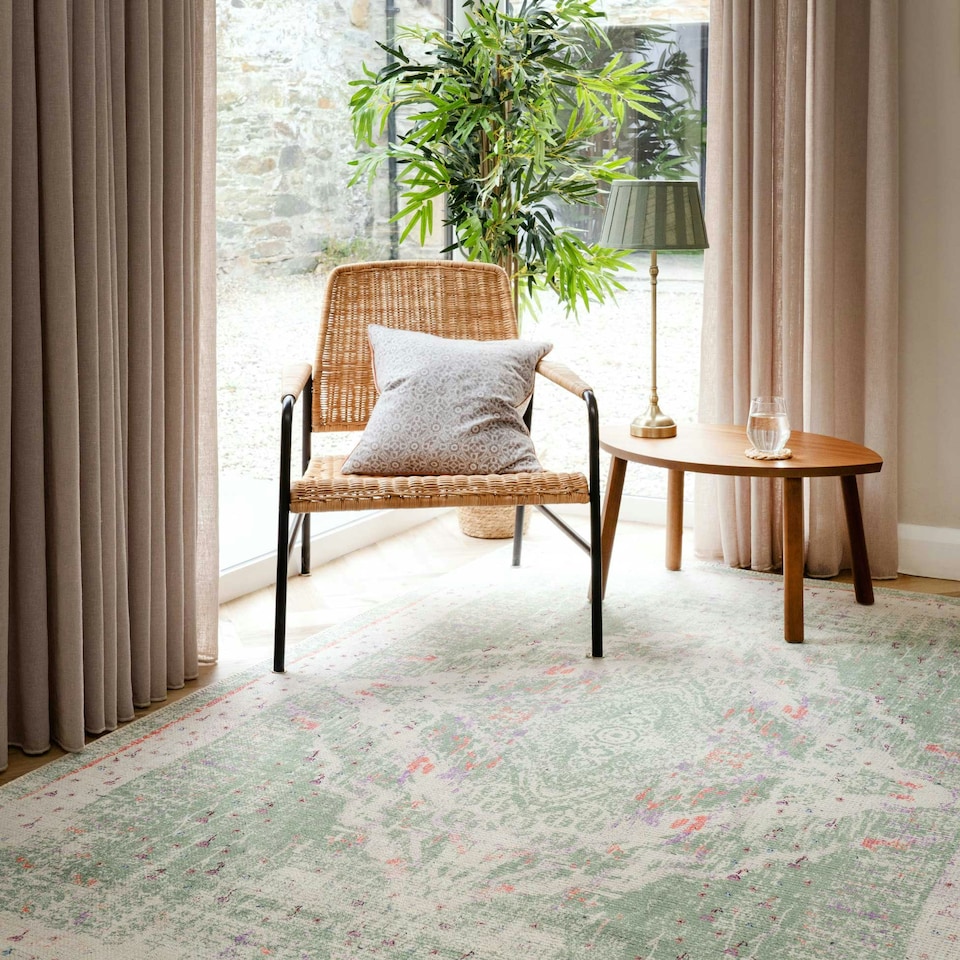 image 1 of KUKOON Pastel Green Distressed Persian Medallion Non Slip Washable Low Pile Rug 60cm x 110cm Green