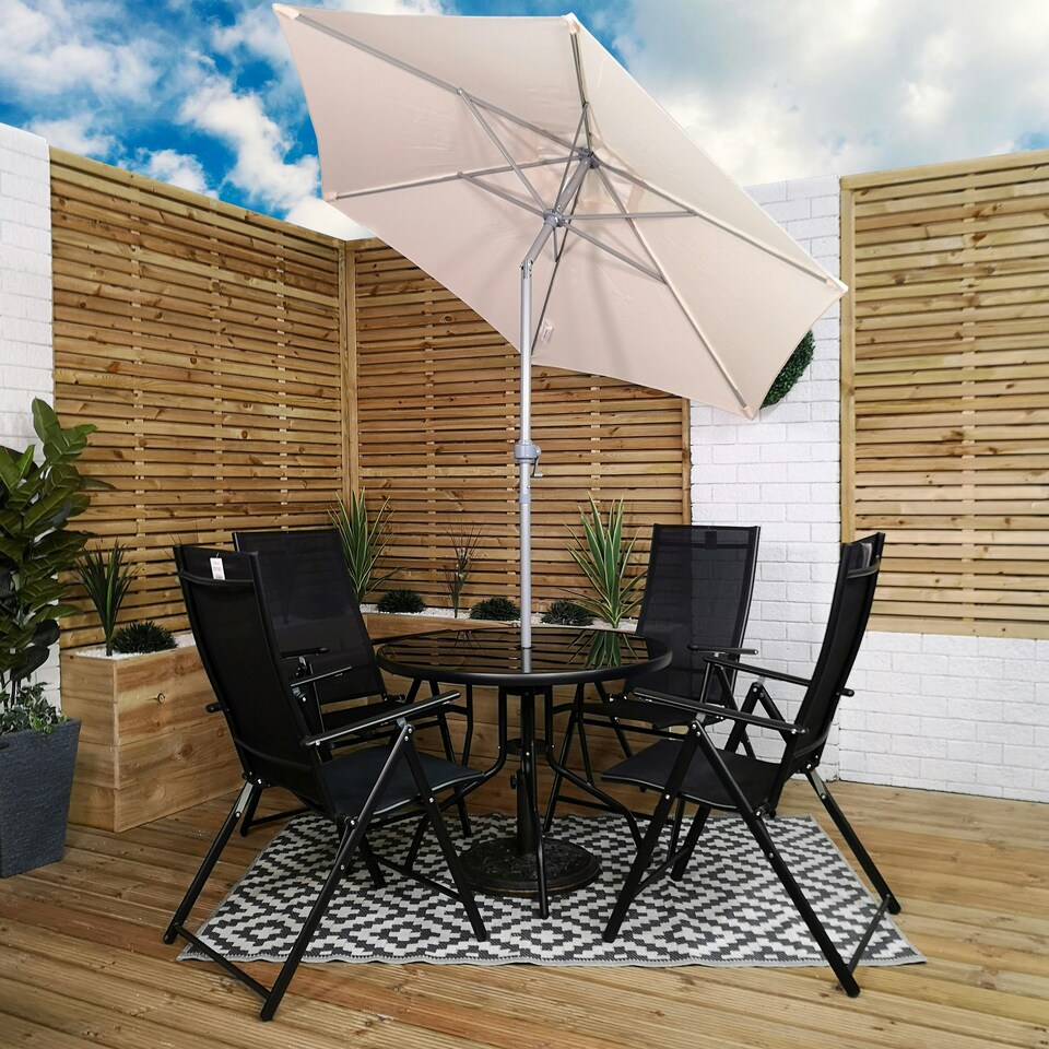 image 1 of Outdoor 4 Person Round Glass Top Garden Patio Dining Table Chairs Cream Parasol and Base Set