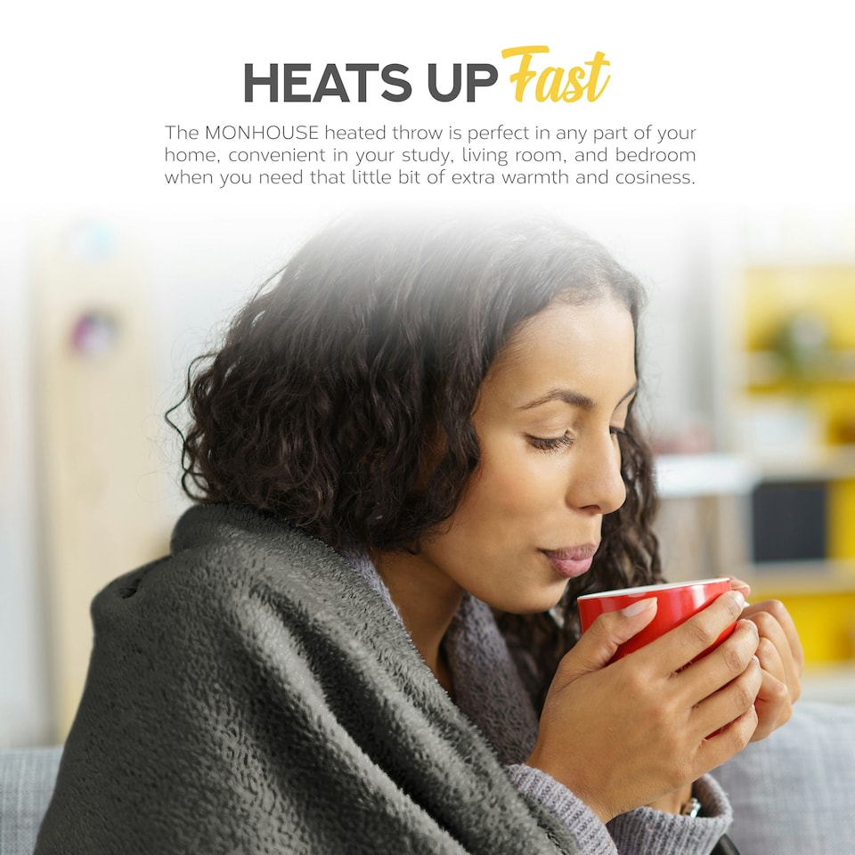 image 1 of Monhouse Heated Throw - Electric Blanket - Digital Controller - 9H Timer , 9 Heat Settings, Auto Shutoff - Double 150X200Cm | Grey | Grey Shearling | 1