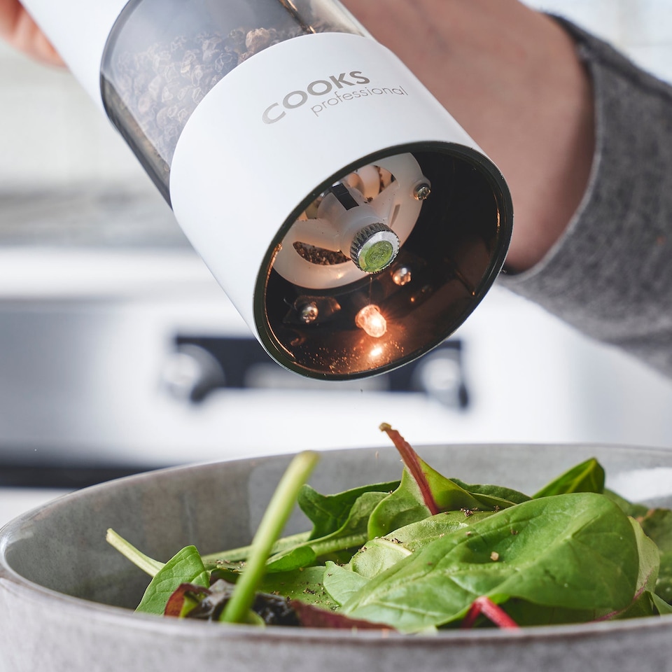 image 1 of Cooks Professional Electric Salt & Pepper Mill Set with Bamboo Base - White