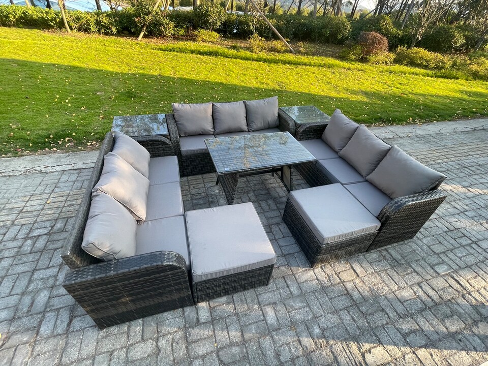 image 1 of Fimous Rattan Garden Furniture Set 11 Seater Patio Outdoor Lounge Sofa Set with 2 Side Tables Rectangular Dining Table 2 Big Footstool Dark Grey Mixed