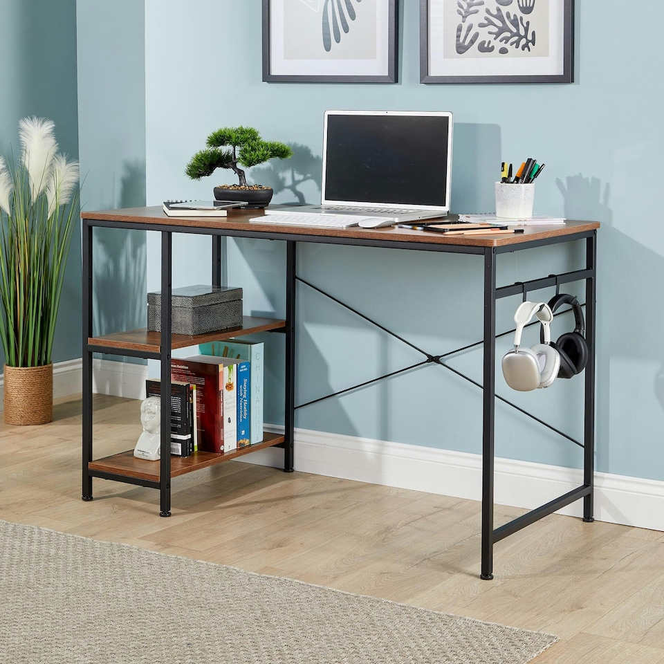 image 1 of Computer Desk Adjustable Shelves Storage Hook Office Table Workstation Brown | Light Oak