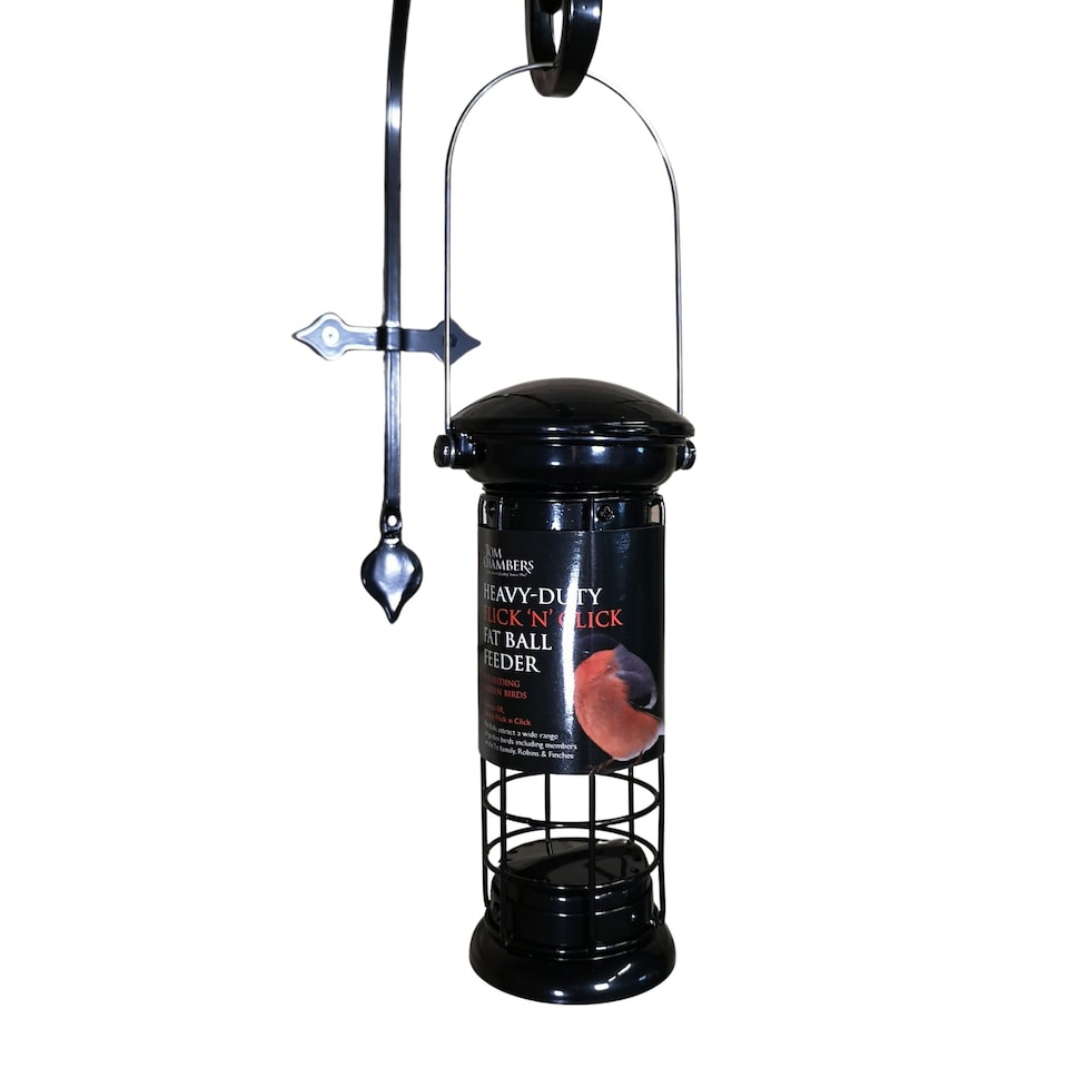 image 1 of Tom Chambers Heavy Duty Flick and Click Garden Wild Bird Hanging Black Metal Fat Ball Feeder