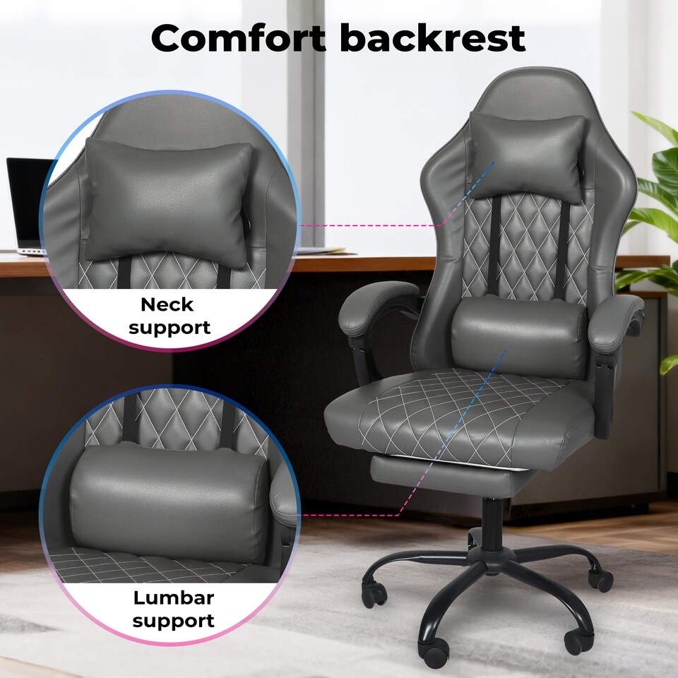 image 1 of Levede Office Desk Chair PU Gaming Recliner Adjustable Height Swivel | Grey | Grey | One Size