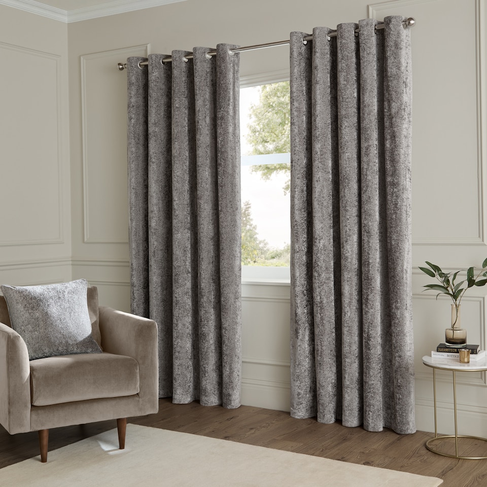 image 1 of Paoletti Lustre Velvet Fully Lined Eyelet Curtain Pair, Pewter, (W) 229 x (D) 183cm | Grey | Pewter | 1