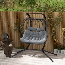 Outsunny Outdoor PE Rattan 2 Seaters Swing Chair with Thick Padded Cushion, Patio Hanging Egg Chair with Metal Stand, Headrest, for Indoor and Outdoor, Black