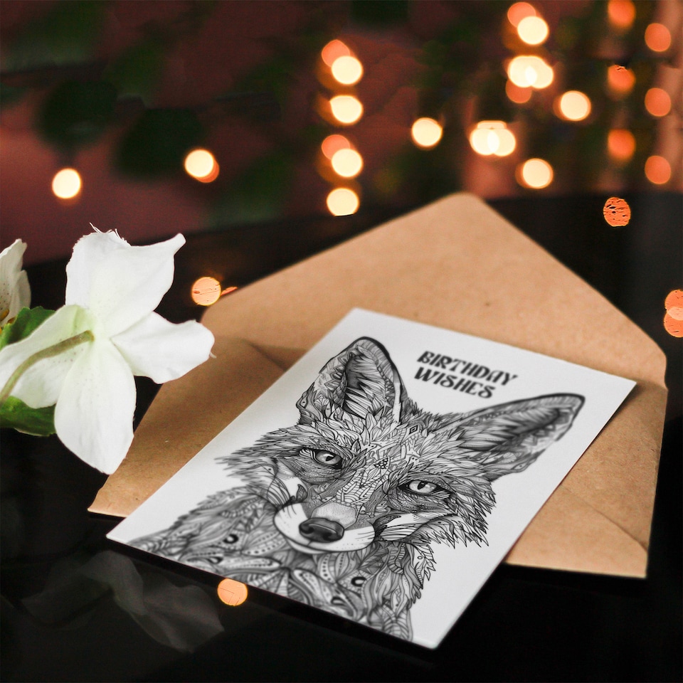 image 1 of Mystical Fox Black White Tribal Folk Art Wishes Birthday Card