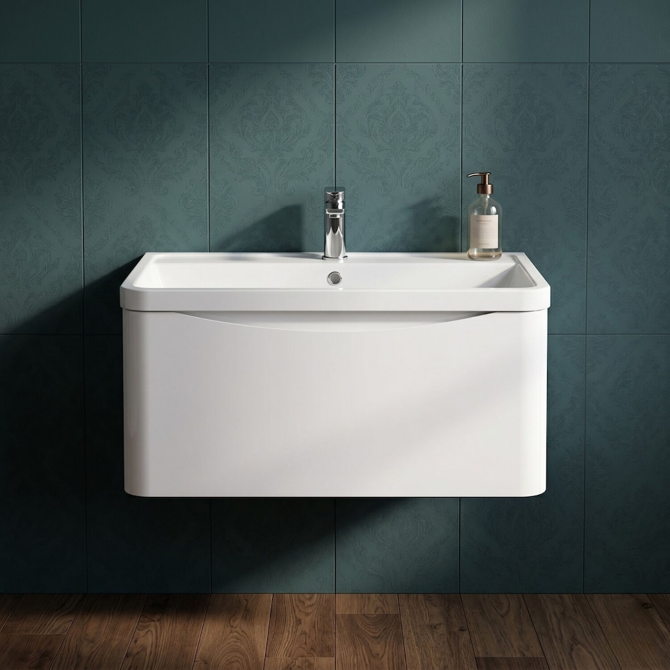 image 1 of Balterley Arch Contemporary Bathroom Wall Hung 1 Drawer Vanity & Polymarble Basin | White | Satin White